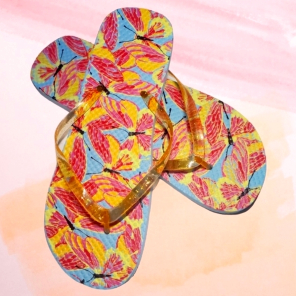 #357 New Ladies Butterflys Sandals Large 10 Tropical Hawaii Beach Shoes Pastel